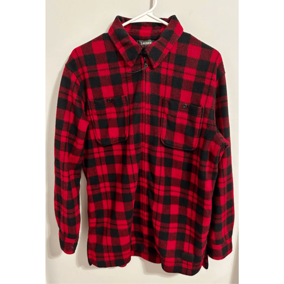 Lauren Ralph Lauren Red Buffalo Plaid Full Zip Fleece Jacket Sz Small - Picture 1 of 8